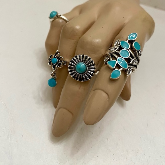 Vintage 4pc Silver Tone- Faux Turquoise Rings (A) - Picture 3 of 11